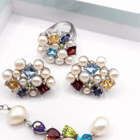 Ross-Simons Jewelry Set Gem Pearl Necklace Ring Earrings Cocktail Glam Size 6.5 - Picture 3 of 10